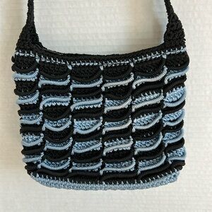 Crocheted mini crossbody bag, black/blue, super cute.